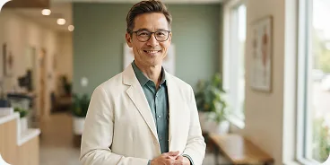 Dr. James Wilson in a white coat in his practice