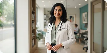 Dr. Maya Patel smiling in a bright clinic corridor